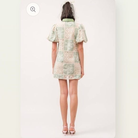 Sofie The Label Carmine Green Cream Crochet Puff Short Sleeve Mini Dress - Picture 4 of 13